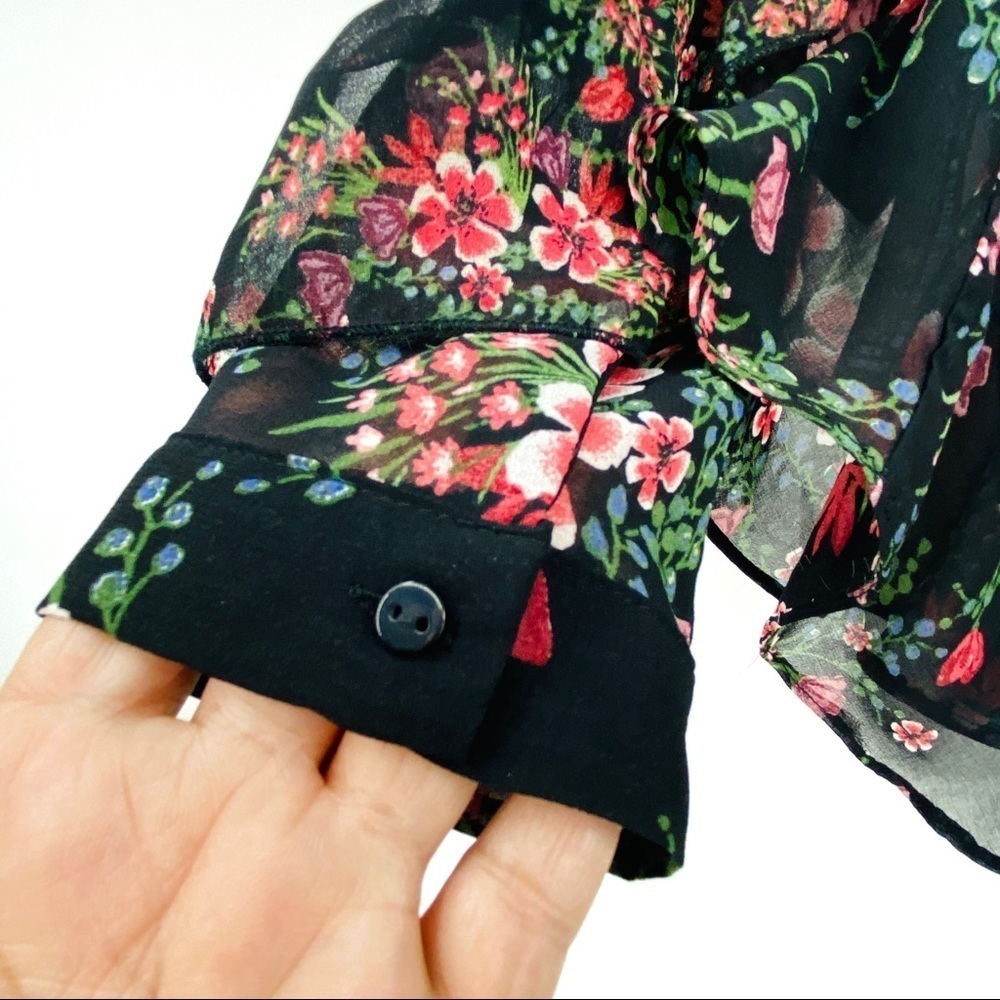 Zara Women Sheer Floral Long Sleeve Ruffled Layered Pink Black Cuffed Blouse SzM - Picture 8 of 15